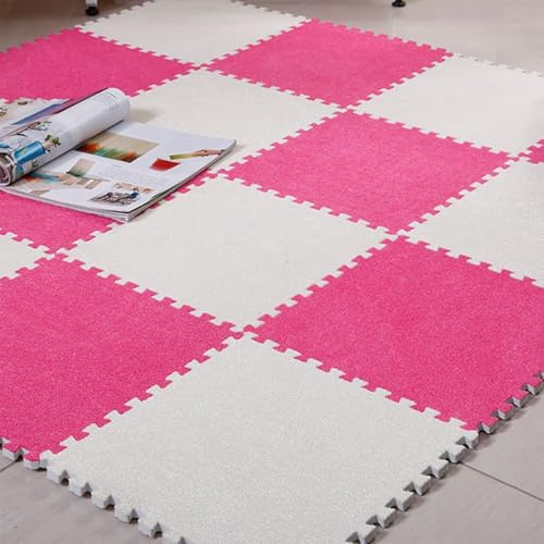Plüsch Schaum-Bodenmatte für Kinder, 0,39 Zoll Dicke Puzzle-Spielmatte, Weicher, Rutschfester Ineinandergreifender Eva-Teppich für Spielzimmer, Wohnzimmer und Schlafzimmer(Pink+White,100 pces) von LDZDGD
