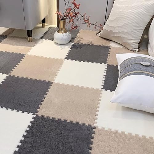 Puzzle-Schaumstoff-Bodenmatten, Ineinandergreifende Eva-Fliesen, Waschbar, Weicher Plüsch Teppich für Spielbereiche, Wohn- und Schlafzimmerdekoration(Gray+Brown+White,24 pces) von LDZDGD