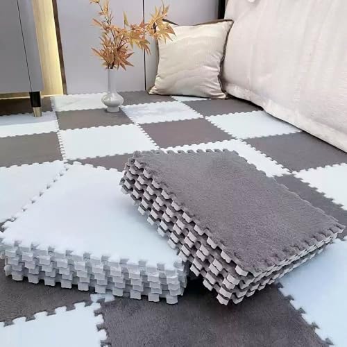 Puzzle-Schaumstoff-Bodenmatten, Ineinandergreifende Eva-Fliesen, Waschbar, Weicher Plüsch Teppich für Spielbereiche, Wohn- und Schlafzimmerdekoration(Gray+White,50 pces) von LDZDGD