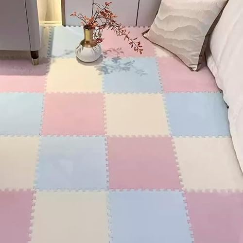 Puzzle-Schaumstoff-Bodenmatten, Ineinandergreifende Eva-Fliesen, Waschbar, Weicher Plüsch Teppich für Spielbereiche, Wohn- und Schlafzimmerdekoration(Light Blue+White+Pink,24 pces) von LDZDGD