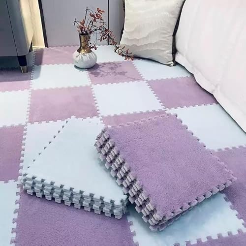 Puzzle-Schaumstoff-Bodenmatten, Ineinandergreifende Eva-Fliesen, Waschbar, Weicher Plüsch Teppich für Spielbereiche, Wohn- und Schlafzimmerdekoration(Purple+White,12 pces) von LDZDGD