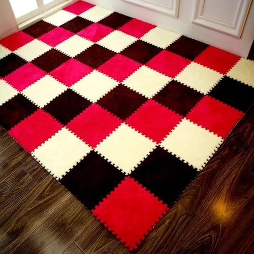Puzzle-Schaumstoff-Bodenmatten, Ineinandergreifende Eva-Fliesen, Waschbar, Weicher Plüsch Teppich für Spielbereiche, Wohn- und Schlafzimmerdekoration(Red+Black+White,12 pces) von LDZDGD