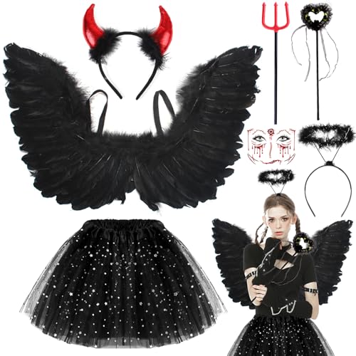 Engel Kostüm Damen Karneval Teufel Kostüm Damen Schwarzer Tüllrock Damen Engelsflügel Erwachsene Teufelshörner Haarreif Heiligenschein Zauberstab Schwarzer Engelskostüm Teufel Damen Mädchen Fasching von LEACCO
