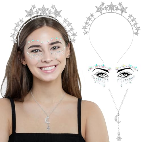LEACCO Haarreif Sterne Silber Damen Glitzer Haarreif mit Sterne Strass Gesichtstattoo Halskette Karneval Fasching Haarschmuck Kopfschmuck Sterne Silber Stirnband Glitzer Haarreifen für Damen Mädchen von LEACCO