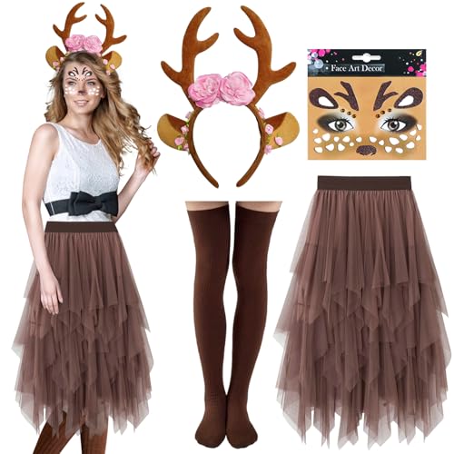 Reh Kostüm Damen Brauner Tüllrock Lang mit Reh Geweih Haarreif Tattoo Socken Rentier Kostüm Erwachsene Bambi Kostüm Damen Fasching karneval kostüm Damen Reh Tütü Rock Braun Lang Rehkitz Kostüm DamenXL Reh Kostüm Damen Brauner Tüllrock Lang mit Reh Geweih Haarreif Tattoo Socken Rentier Kostüm Erwachsene Bambi Kostüm Damen Fasching karneval kostüm Damen Reh Tütü Rock Braun Lang Rehkitz Kostüm DamenXL von LEACCO