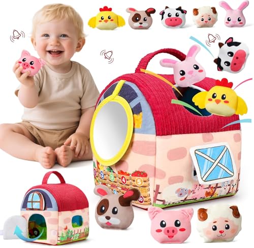 LEADSTAR Baby Spielzeug 6 12 Monate,Montessori Tücherbox Baby Sensorik Spielzeug mit Tüchern, Spiegel, 7 Bauernhof Plüschtiere Set, Lernspiele Motorikspielzeug, Geschenk für Babyspielzeug 1 2 Jahre von LEADSTAR