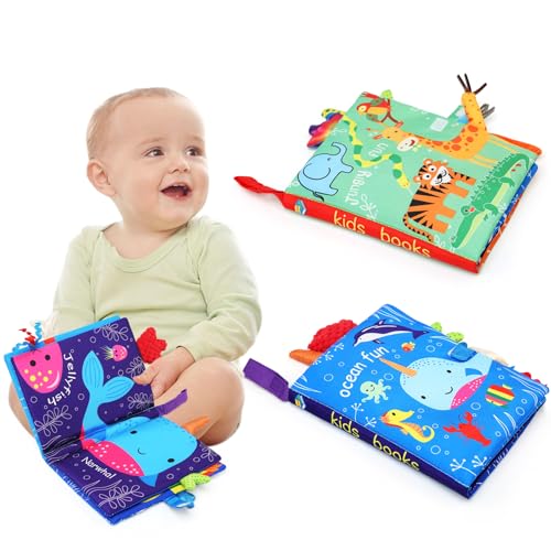 LEADSTAR Baby Stoffbuch, 2 Stück Baby Soft Bilderbuch Badebuch Tuchbuch Kuschelbuch Babybuch Spielbuch Pädagogisches Spielzeug Entdeckungsbuch aus Stoff mit Raschelpapier für Baby Kleinkinder von LEADSTAR