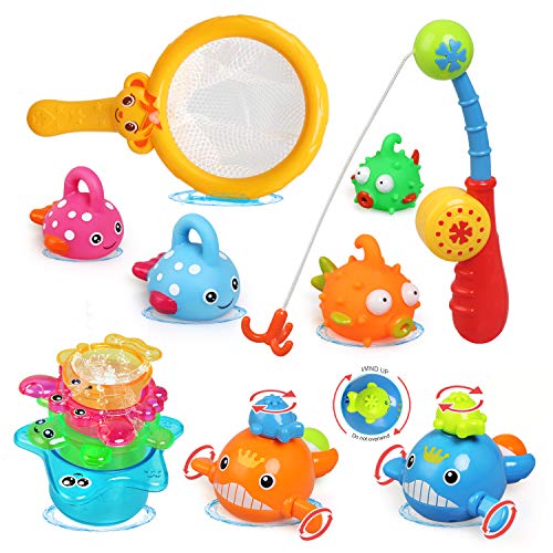 LEADSTAR Badespielzeug Baby, Badewannen Spielzeug mit Fischernetz, 2 Uhrwerk Wal,4 Stapelbecher,4 Fische und 1 Angelruten,12-teiliges Badespielzeugset,Großes Geschenk für Jungen Mädchen (12pcs-A) von LEADSTAR