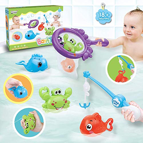 LEADSTAR Badespielzeug Baby ab 1 2 3 Jahr,5 Stück Badewanne Spielzeug Kinder,Baby Wasserspielzeug mit 3 Schwimmende Tiere und 1 Ruten & 1 Fischernetz von LEADSTAR