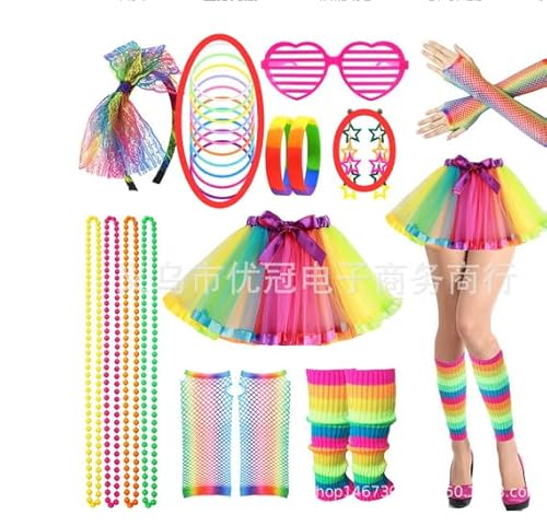 LEADSTAR Mädchen Retro Kostüm, 26 Stück Kostüm Zubehör Accessoires Set für Frauen Mädchen, Outfit Damen Tutu Neon Halskette Armband Accessoires für Weihnachten Verkleidung Karneval Halloween von LEADSTAR