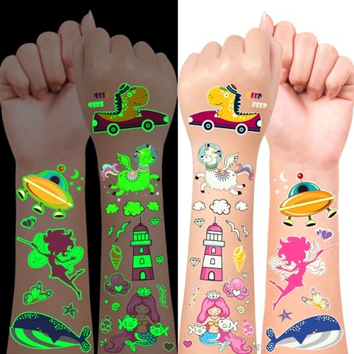 LEADTEAM 10 Blätter Tattoo Kinder, Leucht Kinder Tattoo Set Aufkleber Kinder, Kleine Geschenke für Kinder Geburtstagsdeko Mädchen Tatoos Aufkleben Kids Mitgebsel Kindergeburtstag Gastgeschenke von LEADTEAM