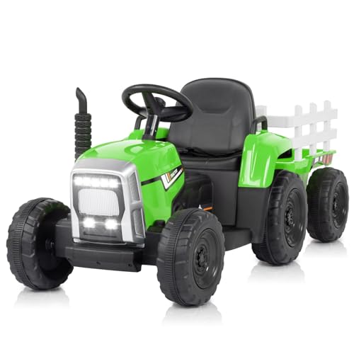 LEADZM 12V Traktor mit Anhänger,Kinder Aufsitztraktor mit LED Lichtern,Musik,Hupe & USB Funktionen,abnehmbarem Anhänger von LEADZM