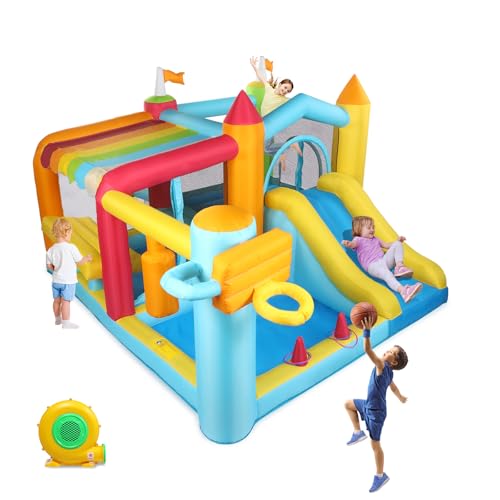 LEADZM Hüpfburg mit Spielzeug-Marktständen (Seite), Aufblasbares Spielplatz mit Pool, Rutsche, Trampolin, Basketballständer, Boxständer, Aufblasbarer Wasserpark mit Gebläse, 356x315x203cm von LEADZM