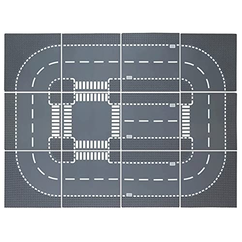 LEAFYIP 12 Platten Set Stadt Strassen Grundplatte, 25.5 * 25.5cm Städte Straßenplatten 100% Kompatibel mit Meisten Marken (4 Kurve/3 Gerade/1 Kreuzung/4 T-Kreuzung) von LEAFYIP