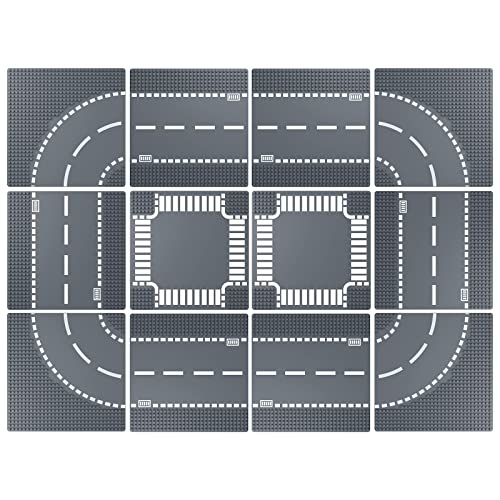 LEAFYIP 12 Platten Set Stadt Strassen Grundplatte, 25.5 * 25.5cm Städte Straßenplatten 100% Kompatibel mit Meisten Marken (4 Kurve Platten, 6 Gerade Platten, 2 Kreuzung) von LEAFYIP