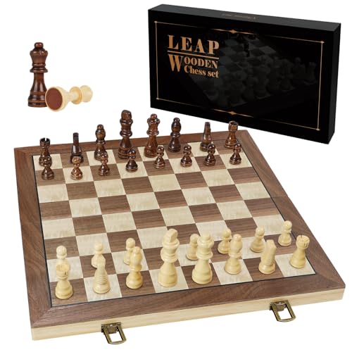 LEAP Magnetische Schach-Sets aus Holz 39cm, Faltbares Schachbrett, 7.6 cm, King-Höhe, Schachfiguren, Reise-Schachbrett-Set mit 2 zusätzlichen Teilen und Aufbewahrungsfächern für Kinder Erwachsene von LEAP