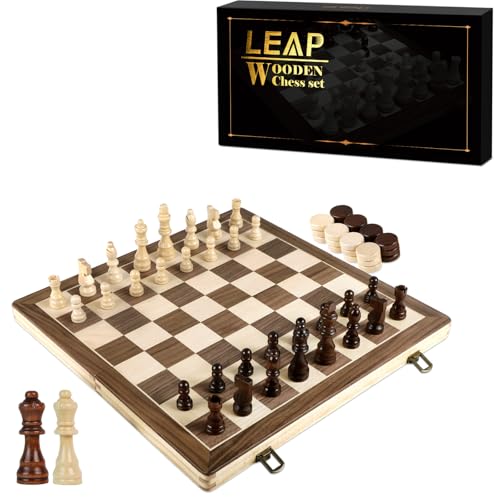 Schachspiel Holz 39cm Mit Hochwertigen Schachfiguren Klappbarer Holz Schach Turnier Schachbrett Mit Extra-Königinnen Handgefertigt Reisen Schach-Brettspiel mit Aufbewahrungsfächern Ideal FüR AnfäNger von LEAP