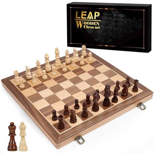 Schachspiel aus Holz 38 cm Standard-Stücke mit Extra-Königinnen Klappbares Brett, Handgefertigt Tragbar Reisen Schach-Brettspiel-Sets mit Aufbewahrungsfächern für Schachfiguren, für Anfänger von LEAP