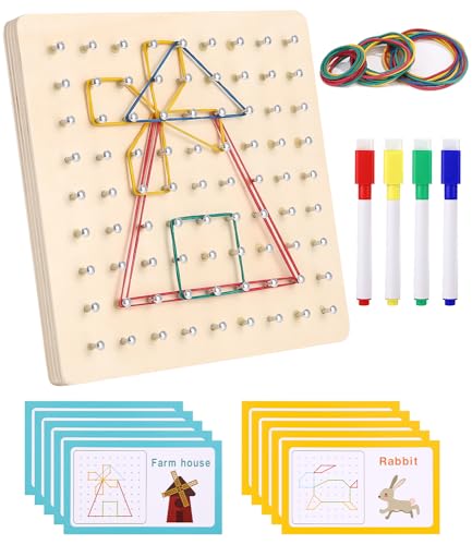 Holz Geoboard Montessori Spielzeug3 4 5 Jahre,Holzspielzeug kinder spiele,50 Gummibänder zum Erstellen von Figuren & Formen,Kinder Geometriebrett Lernspiele Peg Board,Motorikspielzeug Lernspielzeug von LEAZZLE