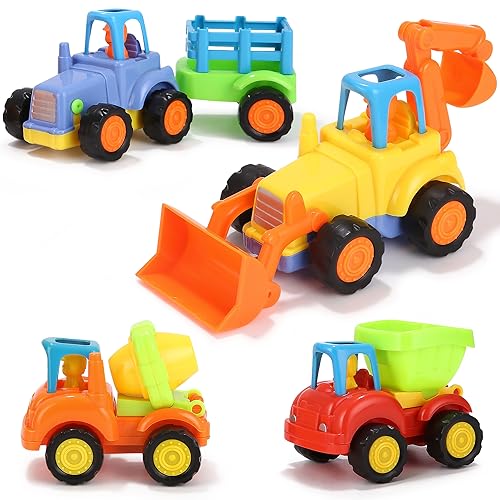 LEAZZLE Baby Spielzeugauto Bagger Konstruktionsfahrzeuge Baufahrzeuge,Push and Go Reibungsgetriebenes Auto Spielzeug für 1 2 3 Jahr Kinder Kleinkinder von LEAZZLE