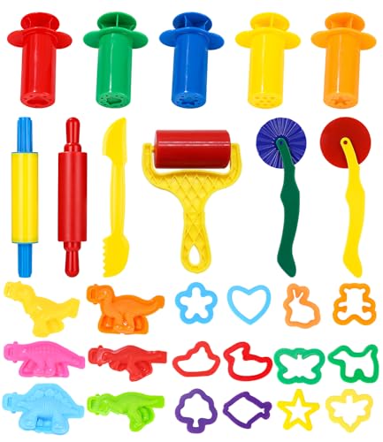 LEAZZLE Knete Set Knetwerkzeug für Kinder,29 Stück Knete zubehör Ausstechformen Küchenspielzeug,Teig Spielzeug Geschenk für Jungen Mädchen von LEAZZLE