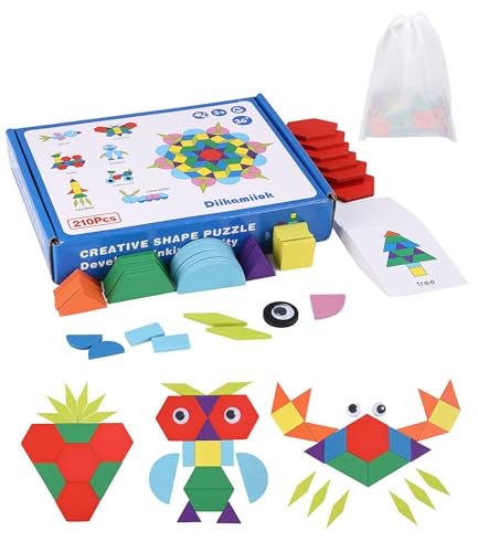 Tangram Kinder Geometrische Formen HolzPuzzles,210 Teilig Holzpuzzle Holzmusterblöcke Farbige,Montessori Spielzeug klassisches Lernspielzeug mit 30 Stück Designkarten Aufbewahrungstasche Geschenk von LEAZZLE