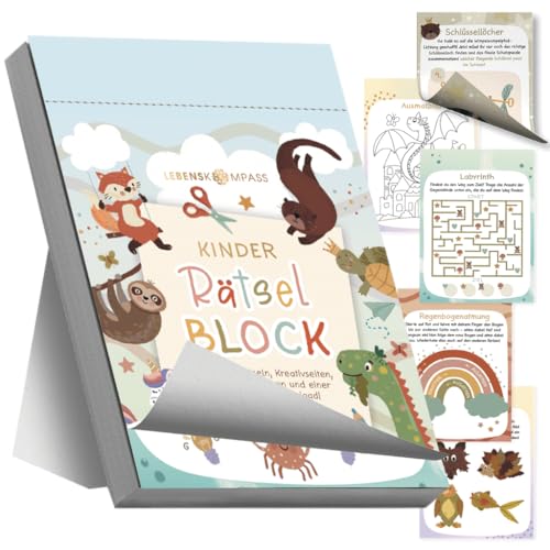 LEBENSKOMPASS® Rätselblock für Kinder – 100 Beschäftigungen mit Spielen, Bastelideen & Rätseln – Lernspaß & Schatzjagd – Undatiert, Abreißblock zum Aufhängen oder Aufstellen von LEBENSKOMPASS