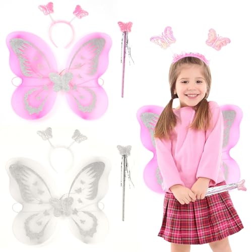 LEBKFT 2 Sets Feenflügel für Kinder, Flügel-Set mit Feenstab und Schmetterlings-Stirnband, geeignet für Geburtstags- und Halloween-Motto-Party-Verkleiden mit Engel-Prinzessinnen-Outfit (Rosa und Weiß) von LEBKFT