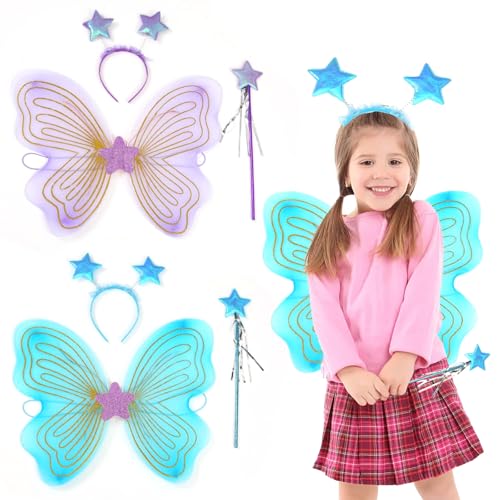 LEBKFT 2 Sets Feenflügel für Kinder, Flügel-Set mit Feenstab und Schmetterlings-Stirnband, geeignet für Geburtstags- und Halloween-Motto-Party-Verkleiden mit Engel-Prinzessinnen-Outfit (blau und lila) von LEBKFT