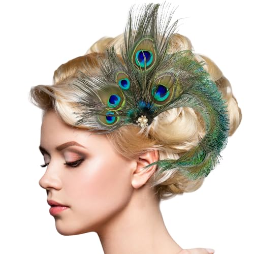 LECTNORE Kopfbedeckung aus Pfauenfedern mit Strassbesatz – Haarspange im Vintage-Stil der 1920er Jahre für Damen, Karnevalskostüm-Accessoire, Cocktailparty-Verkleidung (Stil F) von LECTNORE