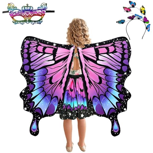 LECTNORE Schmetterlingskostüm-Set für Mädchen – 4-teiliger Deluxe-Flügelumhang mit Maske und Haarschmuck für Halloween, Karneval, Mottoparty-Verkleidung (Alter 4–12 – Kombination 1) von LECTNORE