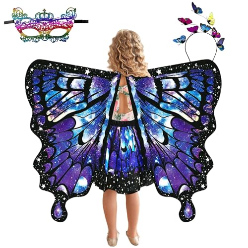 LECTNORE Schmetterlingskostüm-Set für Mädchen – 4-teiliger Deluxe-Flügelumhang mit Maske und Haarschmuck für Halloween, Karneval, Mottoparty-Verkleidung (Alter 4–12 – Kombination 2) von LECTNORE