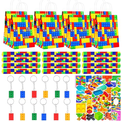 Bausteine Mitgebsel Kindergeburtstag 86 Pcs, Party Mitgebsel Set, Geburtstag Geschenktüte 12, Schlüsselanhänger 12, Schnapparmband 12, Aufkleber 50, für Kinder Party Supplies Giveaway Gastgeschenk von LEDBEL