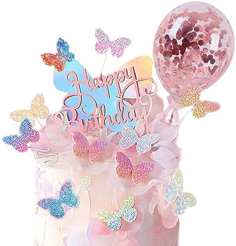 12 x Schmetterlings-Kuchenaufsätze, "Happy Birthday", Konfetti-Ballon, Cupcake-Kuchendekoration für Hochzeit, Babyparty, Kindergeburtstag, Partyzubehör von LEEMASING