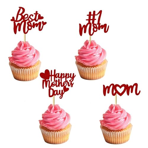 Cupcake-Aufsätze mit Glitzer, Aufschrift "Happy Mother's Day", beste Mutter, für Muttertag, Party, Dekoration, Rot, 24 Stück von LEEMASING