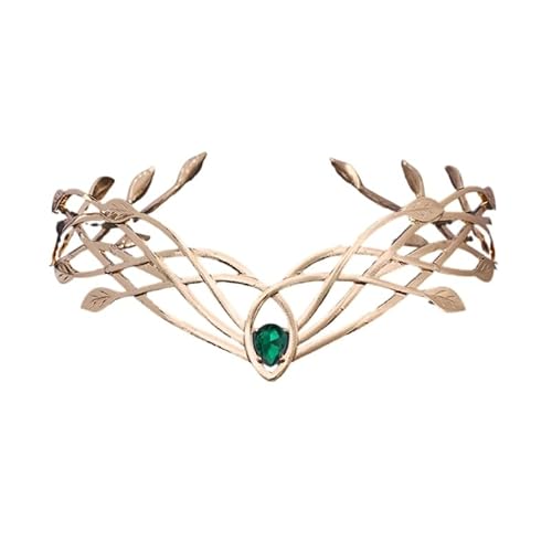 Göttin Blatt Stirnband Cosplay Kopfschmuck für Hochzeit, Halloween, Heimkehr, Party, Verlobung (Gold mit grünem Stein) von LEEMASING