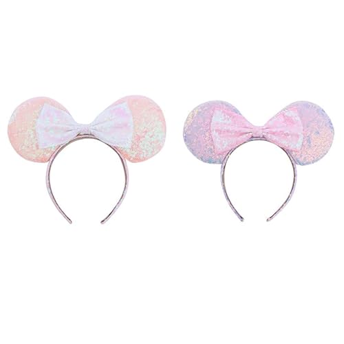 LEEMASING 2 Stück helle Pailletten Maus Deluxe Ohren Schleife Haarband Haarschmuck für Halloween Cosplay Geburtstag (Weiß Rosa) von LEEMASING