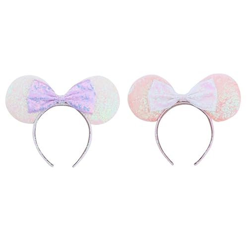 LEEMASING 2 Stück helle Pailletten Maus Deluxe Ohren Schleife Haarband Haarschmuck für Halloween Cosplay Geburtstag (lila weiß) von LEEMASING