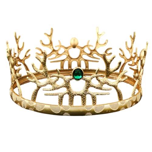 LEEMASING Königskrone, mittelalterliches Retro-Geweih, runde Krone für Hochzeit, Geburtstag, Festzug, Cosplay, Party, Halloween (Gold mit Grünem Stein) von LEEMASING