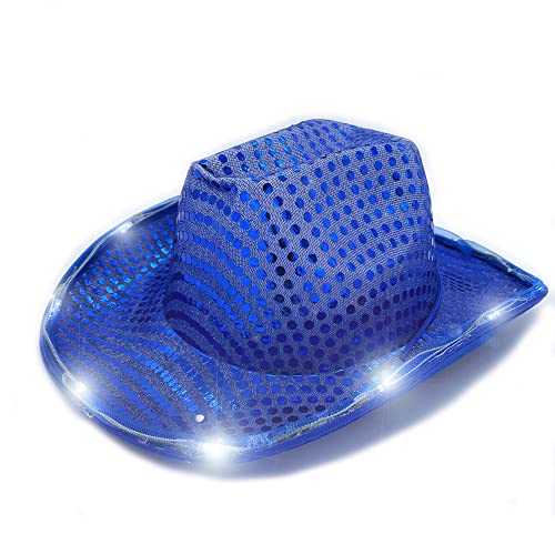 LEEMASING LED-Hut, Cowboy-Pailletten-Partykappe, blinkend, beleuchtet, Tanzparty, Cowboy, für Weihnachten, Halloween, Geburtstag, Hochzeit, Festival, Party (Blau) von LEEMASING