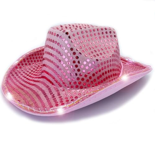 LEEMASING LED-Hut, Cowboy-Pailletten-Partykappe, blinkend, beleuchtet, Tanzparty, Cowboy, für Weihnachten, Halloween, Geburtstag, Hochzeit, Festival, Party (Rosa) von LEEMASING