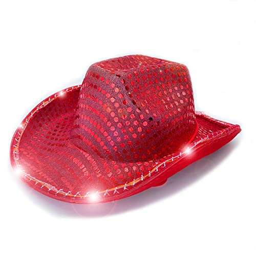 LEEMASING LED-Hut, Cowboy-Pailletten-Partykappe, blinkend, beleuchtet, Tanzparty, Cowboy, für Weihnachten, Halloween, Geburtstag, Hochzeit, Festival, Party (Rot) von LEEMASING