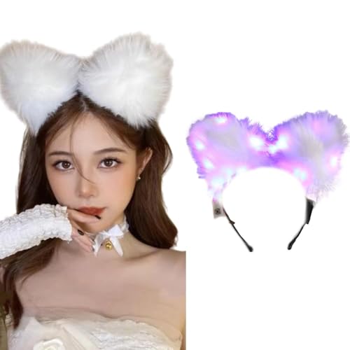 Leuchtende Stirnbänder mit LED-Katzenohren, Stirnband, Kunstfell, niedliches farbiges Licht für Weihnachten, Party, Cosplay, Halloween, Geburtstag, Violett, Medium von LEEMASING