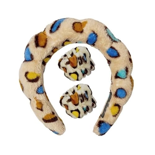 LEEMASING Spa-Stirnband, Handgelenk-Handtücher, Haarband/Armband-Set für Damen und Mädchen, Make-up, Dusche (bunter Leopardenmuster) von LEEMASING