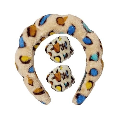 LEEMASING Spa-Stirnband, Handgelenk-Handtücher, Haarband/Armband-Set für Damen und Mädchen, Make-up, Dusche (bunter Leopardenmuster) von LEEMASING