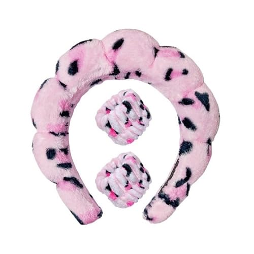 LEEMASING Spa-Stirnband, Handgelenk-Handtücher, Haarband/Armband-Set für Damen und Mädchen, Make-up, Dusche (rosa Leopardenmuster) von LEEMASING