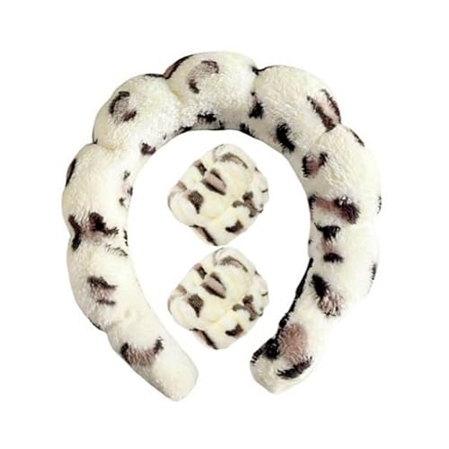 LEEMASING Spa-Stirnband, Handgelenk-Handtücher, Haarband/Armband-Set für Damen und Mädchen, Make-up, Dusche (weiß-brauner Leopardenmuster) von LEEMASING