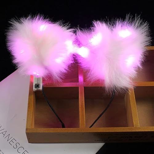 LEEMASING Leuchtende Stirnbänder, LED-Katzenohren, Stirnband, Kunstfell, Haarreif, niedliches farbiges Licht für Weihnachten, Party, Cosplay, Halloween, Geburtstag (Rosa) von LEEMASING