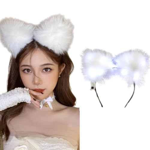 LEEMASING Leuchtende Stirnbänder, LED-Katzenohren, Stirnband, Kunstfell, Haarreif, niedliches farbiges Licht für Weihnachten, Party, Cosplay, Halloween, Geburtstag (Kaltweiß) von LEEMASING