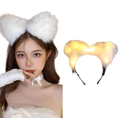 LEEMASING Leuchtende Stirnbänder, LED-Katzenohren, Stirnband, Kunstfell, Haarreif, niedliches farbiges Licht für Weihnachten, Party, Cosplay, Halloween, Geburtstag (warmweiß) von LEEMASING